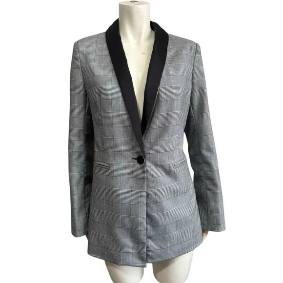 NANETTE LEPORE Glen Check plaid satin shawl collar longline blazer women’s 8 - Picture 5 of 12